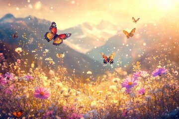 Obraz premium Colorful butterflies flying over a vibrant wildflower meadow in a sunlit mountain landscape.