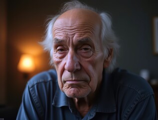 Obraz premium Portrait of thoughtful senior man looking concerned in dimly lit room