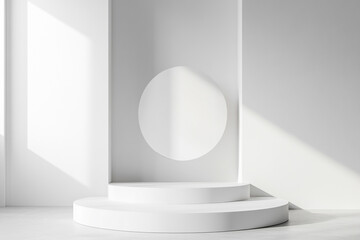 Fototapeta premium Modern minimalist white studio product display platform clean stage light scene round shape empty