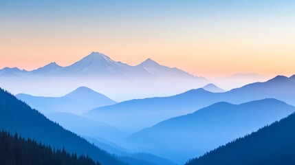 Serene mountain landscape at dawn, soft blue hues, misty valleys, peaceful ambiance, ideal for nature themes or backgrounds.