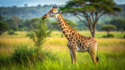 A graceful giraffe gently feeding on a verdant bush in a serene savanna landscape