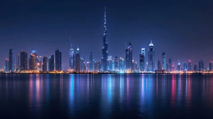 Obraz premium Night cityscape skyline reflecting on calm water.