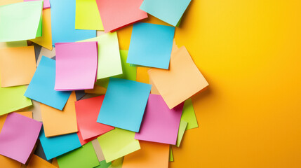 Colorful sticky notes scattered on bright yellow background, creating vibrant and creative workspace