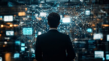 Businessperson Engrossed in Intricate Network Visualization Concept