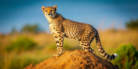 A majestic cheetah surveys its domain from a sunlit earthen mound, its spotted coat gleaming in the warm light, a symbol of wild beauty and untamed grace © Dounghathai