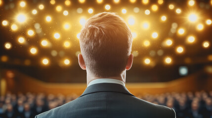 Confident man in suit engaging with a crowd while presenting innovative ideas during a startup pitch competition