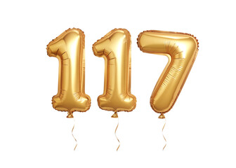 117 Number Shiny Gold Balloon, Celebratory Foil Balloon Decoration. isolated on transparent background, Helium balloons font.