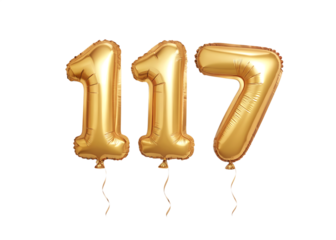 117 Number Shiny Gold Balloon, Celebratory Foil Balloon Decoration. isolated on transparent background, Helium balloons font.