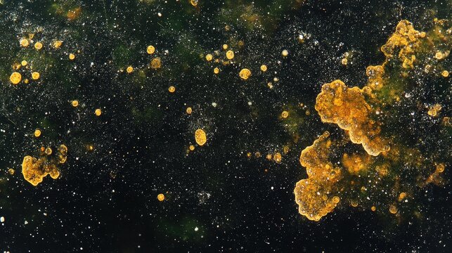 Glistening yellow-green algae dots a mysterious, dark expanse, creating an enchanting mosaic of tiny speckles on the textured surface