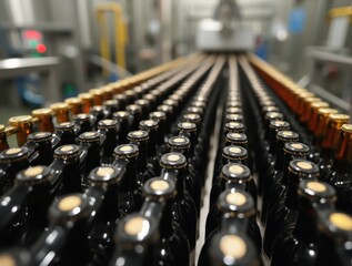 Fototapeta premium Glass bottles moving along brewery assembly line during production process