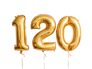 120 Number Shiny Gold Balloon, Celebratory Foil Balloon Decoration. isolated on transparent background, Helium balloons font.