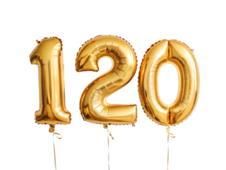 120 Number Shiny Gold Balloon, Celebratory Foil Balloon Decoration. isolated on transparent background, Helium balloons font.
