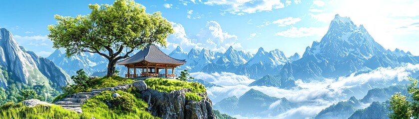 Obraz premium A serene landscape featuring a gazebo on a mountain peak, surrounded by lush greenery and breathtaking views of distant mountains.