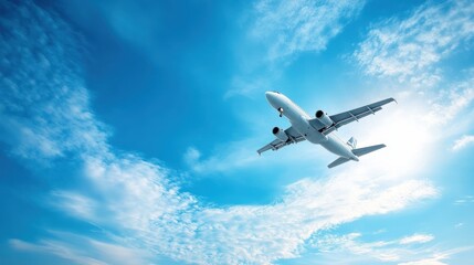 Fototapeta premium Airplane in flight against a vibrant blue sky with fluffy white clouds.