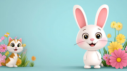 Fototapeta premium Cute Cartoon Bunny and Kitten in a Spring Meadow