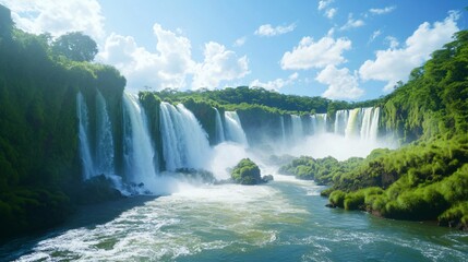 Fototapeta premium Majestic waterfalls cascading into a turquoise pool, lush greenery surrounding the area, ideal for nature-themed content.