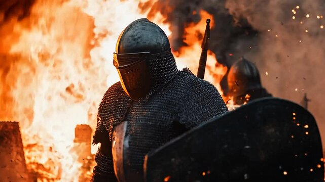 Crash Zoom on Medieval Knight in Full Metal Armour in front of burning fire during a siege battle 4k Intro Video.
