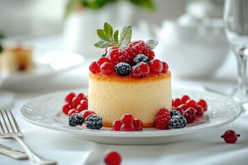 sponge cake roll on a white plate, adorned with an assortment of fresh berries