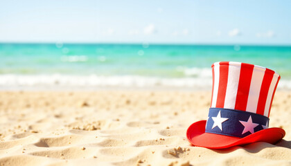 Naklejka premium Uncle Sam hat resting on sandy beach with ocean waves, summer fun