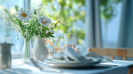 Fototapeta premium Sunny restaurant table setting with daisies in vases.