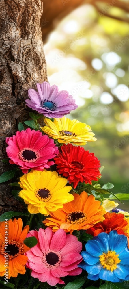 Poster colorful flowers cascade down a tree trunk, creating a vibrant and cheerful display against a blurre