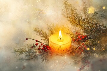 Warm Candlelight with Holiday Greenery and Berries in Soft Glow
