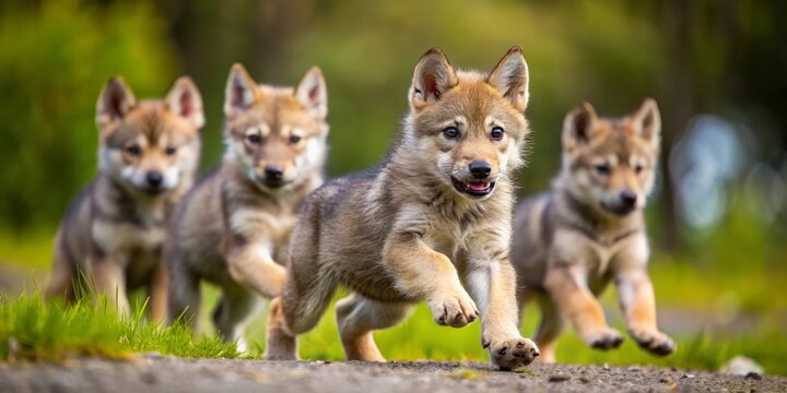 Playful Wolf Pups Bounding Through Lush Green Foliage, Exuding Untamed Energy and Juvenile Joy