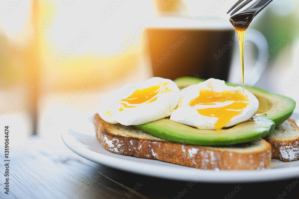 Poster Elegant presentation of avocado toast with poached egg and fork ready to enjoy on a minimalist dining table