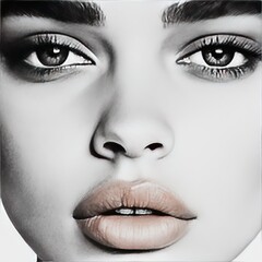 Fototapeta premium High contrast black and white beauty portrait of a woman with sharp facial features, intense gaze, and perfect skin showcasing classic elegance and timeless appeal