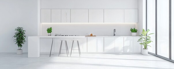 Modern minimalist all white kitchen with plants and bar stools