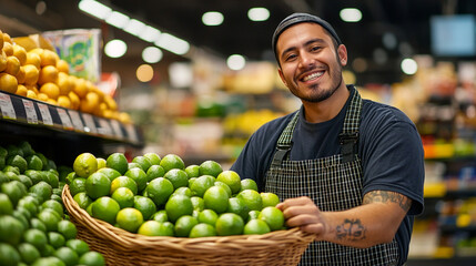 Fototapeta premium Happy grocer holding basket of fresh limes in supermarket man food fruit green store sales retail