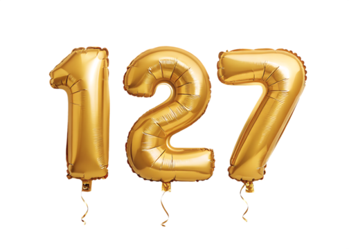 127 Number Shiny Gold Balloon, Celebratory Foil Balloon Decoration. isolated on transparent background, Helium balloons font.