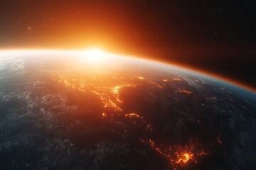 Cosmic sunrise over planet, breathtaking view of Earth with glowing horizon, vibrant colors blending in space, ideal for inspiration.