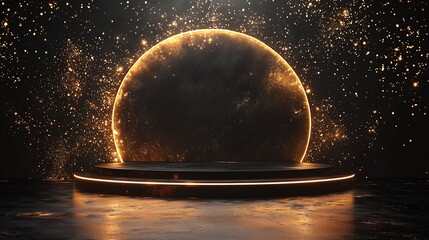 Elegant black and gold stage with glowing golden arcs and sparkles, minimalistic luxury design ideal for awards or premium events with space for text and design.