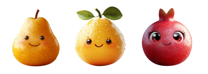 Sweet anthropomorphic fruits with joyful smiles, including pear, orange, and pomegranate, create cheerful atmosphere