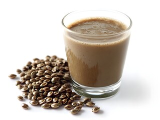 A tall glass of freshly brewed coffee surrounded by whole coffee beans isolated on a pure white background for beverage lovers