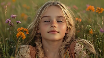 Naklejka premium Adorable Blonde Girl in Summer Wildflower Meadow