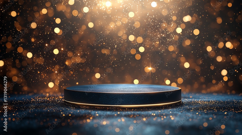 Poster elegant dark background featuring an empty blue podium illuminated by golden beam light effects, wit