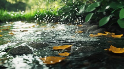 Fototapeta premium Water droplets falling on a stream with yellow leaves and rocks.