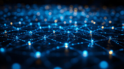 network of interconnected devices with glowing blue nodes and lines, symbolizing technology and connectivity