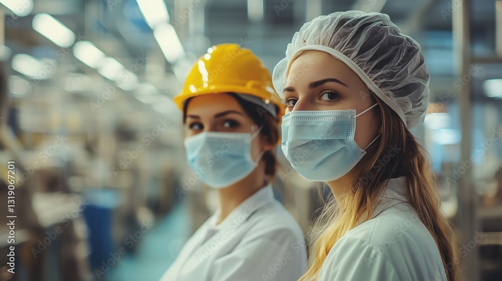 Poster female worker and engineer checking production in a clean factory environment, wearing safety masks 