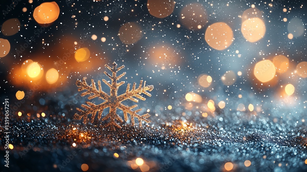 Aufkleber glittering glowing snowflakes and soft bokeh lights falling on a minimalistic background, elegant an