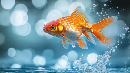 Fototapeta premium Vibrant Goldfish Soaring Through Air, Orange Scales Glistening, Against Pristine Blue Water - Symbolizing Energy and Liberty in Natural Motion