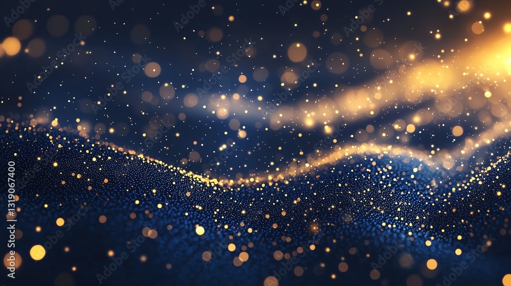 Poster glowing golden dots softly overlapping on a dark blue background with a minimal halftone pattern, el