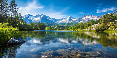 Fototapeta premium Crystal-Clear Lake Reflecting a Mountain Range Under a Starry Sky for Serene Landscapes, Peaceful Nights, or Majestic Views