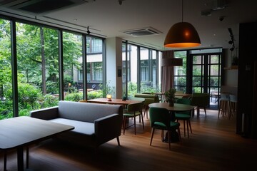 Modern cafe interior with large windows overlooking a lush garden.