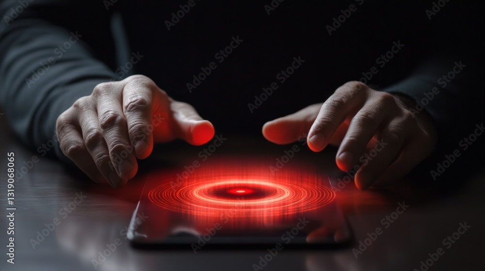 Poster illuminated red circle notification on digital device with hands