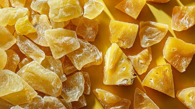 close-up of vibrant yellow dried mango and pineapple