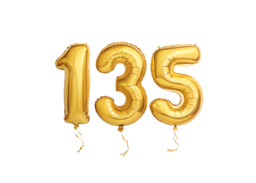 135 Number Shiny Gold Balloon, Celebratory Foil Balloon Decoration. isolated on transparent background, Helium balloons font.