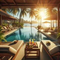 Tropical Resort Luxury Scenic Pool with Sun Loungers Overlooking the Ocean and a Beautifully Lit Sunset Sky